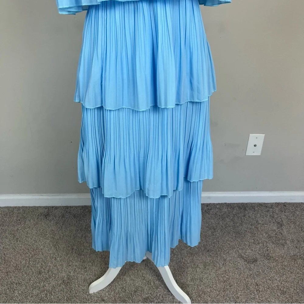 OFF THE SHOULDER TIERED PLEATED MIDI CHIFFON DRESS IN LIGHT BLUE SIZE MEDIUM - Picture 9 of 16